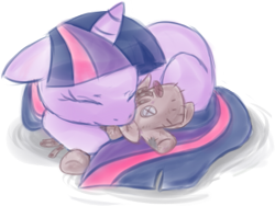 Size: 601x452 | Tagged: safe, artist:mangaka-girl, character:smarty pants, character:twilight sparkle, female, filly, filly twilight sparkle, sleeping, snuggling, solo, younger