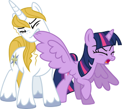 Size: 3917x3500 | Tagged: safe, artist:dzmaylon, character:prince blueblood, character:twilight sparkle, character:twilight sparkle (alicorn), species:alicorn, species:pony, species:unicorn, biting, envy, eyes closed, female, mare, open mouth, pulling, raised hoof, screaming, simple background, spread wings, standing, transparent background, twilybuse, vector, wing bite, wings