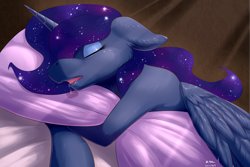 Size: 3000x2000 | Tagged: safe, artist:renatethepony, character:princess luna, crepuscular rays, drool, eyes closed, female, floppy ears, hug, pillow, sleeping, solo