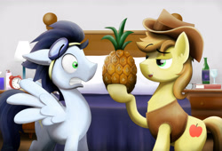 Size: 2400x1630 | Tagged: safe, artist:sslug, character:braeburn, character:soarin', species:earth pony, species:pegasus, species:pony, ship:soarburn, backwards cutie mark, bed, chest fluff, everypony's gay for braeburn, gay, gritted teeth, male, old cutie mark, pineapple, scared, shipping, spread wings, stallion, wide eyes, wingboner, wings