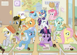 Size: 2481x1754 | Tagged: dead source, safe, artist:elenaboosy, character:applejack, character:bon bon, character:derpy hooves, character:dj pon-3, character:doctor whooves, character:fluttershy, character:gilda, character:lyra heartstrings, character:pinkie pie, character:rainbow dash, character:rarity, character:sweetie drops, character:time turner, character:trixie, character:twilight sparkle, character:vinyl scratch, species:griffon, species:pegasus, species:pony, bubble, bubblegum, cheating, classroom, female, food, gum, mane six, map, mare, paper, paper airplane, plane, school