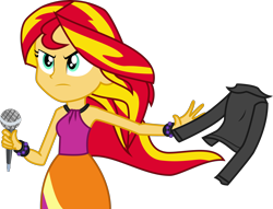 Size: 2606x1993 | Tagged: safe, artist:alicornoverlord, character:sunset shimmer, equestria girls:rainbow rocks, g4, my little pony: equestria girls, my little pony:equestria girls, .svg available, clothing, female, jacket, microphone, simple background, sleeveless, solo, the coats are off, transparent background, undressing, vector, welcome to the show
