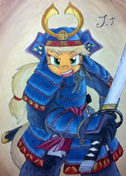 Size: 1280x1775 | Tagged: safe, artist:jet-ann, character:applejack, species:anthro, armor, badass, female, helmet, katana, samurai, samurai applejack, solo, sword, weapon