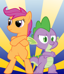 Size: 3442x3967 | Tagged: safe, artist:nickman983, character:scootaloo, character:spike, species:dragon, species:pegasus, species:pony, badass, bipedal, crossed arms, duo, female, filly, heroic posing, high res, male, show accurate, sunburst background