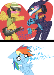Size: 500x700 | Tagged: safe, artist:woop-de-de-doo, character:ahuizotl, character:daring do, character:rainbow dash, ship:darizotl, blushing, crying, eyes closed, female, floppy ears, hilarious in hindsight, male, shipping, smiling, straight, wide eyes