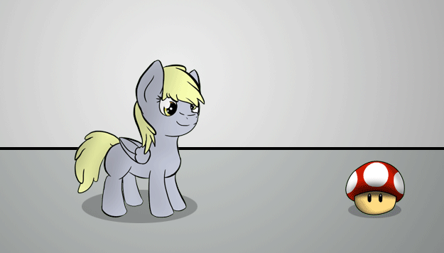 Size: 625x356 | Tagged: safe, artist:wave-realm, character:derpy hooves, species:pegasus, species:pony, newbie artist training grounds, age progression, animated, blank flank, cute, female, filly, growth, mare, mushroom, power-up, smiling, standing, super mario bros., super mushroom, younger