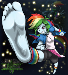 Size: 3508x3861 | Tagged: safe, artist:dazidentevil, character:rainbow dash, my little pony:equestria girls, barefoot, clothing, feet, female, foot fetish, foot focus, kicking, leg warmers, soles, solo