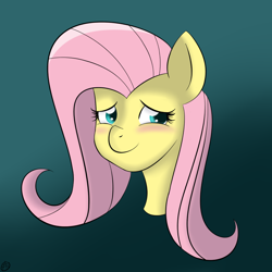 Size: 1600x1600 | Tagged: safe, artist:terra-aquis, character:fluttershy, species:pony, blushing, bust, female, gradient background, looking at you, mare, portrait, smiling, solo, three quarter view