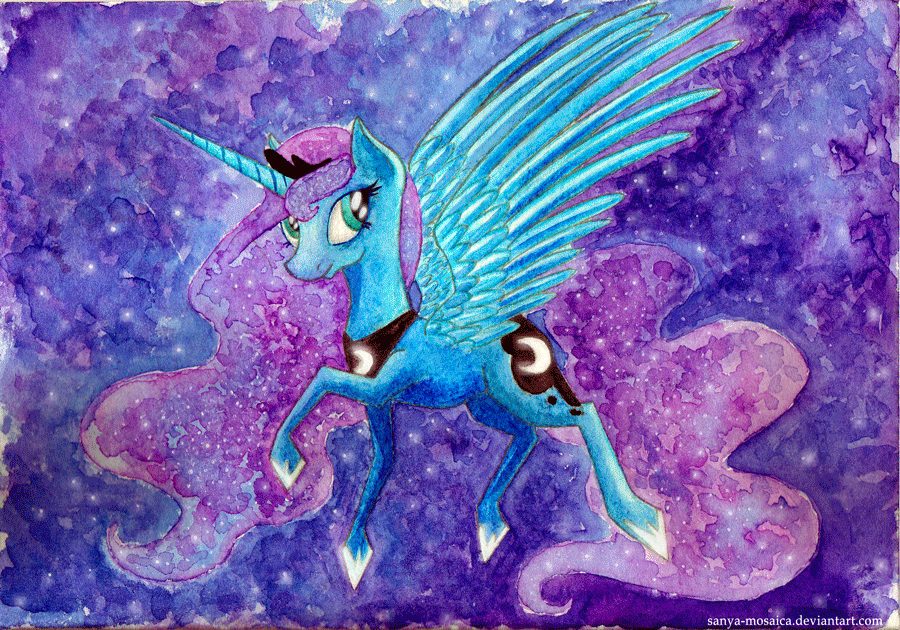 Size: 900x630 | Tagged: safe, artist:sanya-mosaica, character:princess luna, animated, female, solo, sparkles, traditional art