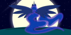 Size: 4000x2000 | Tagged: safe, artist:alicornoverlord, character:princess luna, female, moon, night, rear view, solo, spread wings, wings