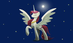 Size: 7649x4604 | Tagged: safe, artist:sagegami, oc, oc only, oc:fausticorn, absurd resolution, epic, eyes closed, moon, night, pose, raised hoof, solo, wallpaper