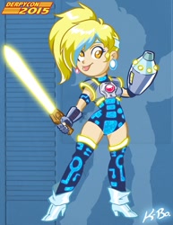 Size: 600x776 | Tagged: safe, artist:kevinbolk, character:derpy hooves, species:human, clothing, cosplay, costume, derpycon, female, humanized, megaman, solo