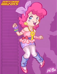 Size: 600x776 | Tagged: safe, artist:kevinbolk, character:pinkie pie, species:human, bracelet, clothing, cosplay, costume, derpycon, female, high heels, humanized, leg warmers, pantyhose, skirt, solo