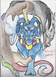 Size: 1700x2338 | Tagged: safe, artist:thelionmedal, character:discord, character:grogar, species:ram, g1, badass, cloven hooves, colored pencil drawing, crossover, g1 to g4, generation leap, male, red eyes, signature, spanish, traditional art