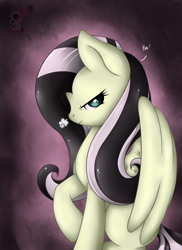 Size: 1700x2338 | Tagged: safe, artist:bloody-pink, character:fluttershy, species:pegasus, species:pony, emoshy, female, goth, snorting, solo