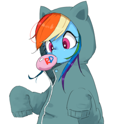Size: 1000x1000 | Tagged: safe, artist:y0wai, character:rainbow dash, bubblegum, cat hoodie, clothing, cute, female, gum, hoodie, parka, pixiv, simple background, solo, white background