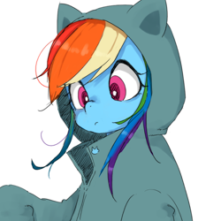 Size: 1000x1000 | Tagged: safe, artist:y0wai, character:rainbow dash, species:pony, cat hoodie, clothing, cute, female, hoodie, mare, parka, pixiv, simple background, solo, white background