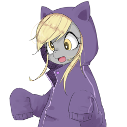 Size: 1000x1000 | Tagged: safe, artist:y0wai, character:derpy hooves, species:pegasus, species:pony, cat hoodie, clothing, cute, female, hoodie, mare, open mouth, parka, pixiv, simple background, solo, white background