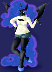 Size: 1700x2338 | Tagged: source needed, safe, artist:oliverthepanda, character:nightmare moon, character:princess luna, species:alicorn, species:anthro, species:pony, species:unguligrade anthro, both cutie marks, clothing, female, fingernails, hand, hoof polish, hooves, keyhole turtleneck, looking down, nail polish, open-chest sweater, sexy, shorts, solo, stupid sexy nightmare moon, sweater, turtleneck, unshorn fetlocks