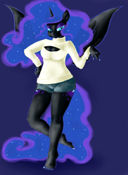 Size: 1700x2338 | Tagged: source needed, safe, artist:oliverthepanda, character:nightmare moon, character:princess luna, species:alicorn, species:anthro, species:plantigrade anthro, species:pony, barefoot, both cutie marks, clothing, feet, female, fingernails, hand, keyhole turtleneck, looking down, nail polish, open-chest sweater, sexy, shorts, solo, stupid sexy nightmare moon, sweater, turtleneck, unshorn fetlocks