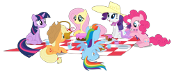 Size: 8000x3360 | Tagged: safe, artist:jordila-forge, character:applejack, character:fluttershy, character:pinkie pie, character:rainbow dash, character:rarity, character:twilight sparkle, character:twilight sparkle (unicorn), species:earth pony, species:pegasus, species:pony, species:unicorn, .svg available, absurd resolution, basket, cake, cup, female, food, mane six, mare, picnic, picnic basket, picnic blanket, simple background, svg, tea, teacup, teapot, transparent background, vector