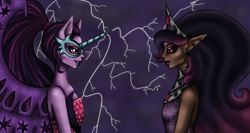 Size: 1366x728 | Tagged: safe, artist:smilingm00n, character:midnight sparkle, character:twilight sparkle, character:twilight sparkle (scitwi), species:eqg human, species:human, equestria girls:friendship games, g4, my little pony: equestria girls, my little pony:equestria girls, black sclera, elf ears, eye contact, grin, humanized, humanoid, lightning, mask, midnight sparkle, ponidox, pony ears, purple background, self paradox, self ponidox, simple background, smirk, tyrant sparkle, unicorns as elves