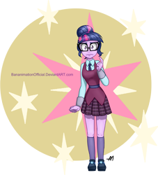 Size: 2163x2380 | Tagged: safe, artist:bananimationofficial, character:twilight sparkle, character:twilight sparkle (scitwi), species:eqg human, equestria girls:friendship games, g4, my little pony: equestria girls, my little pony:equestria girls, clothing, crystal prep academy, crystal prep academy uniform, crystal prep shadowbolts, female, glasses, high res, looking at you, school uniform, signature, skirt, solo