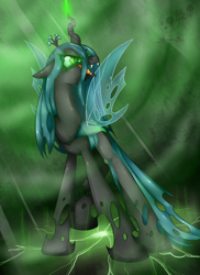 Size: 1700x2338 | Tagged: safe, artist:bloody-pink, character:queen chrysalis, species:changeling, changeling queen, female, glowing eyes, glowing horn, solo