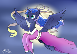 Size: 1024x722 | Tagged: safe, artist:infinityr319, character:princess luna, chang'e, chinese, chinese mythology, clothing, dress, female, flying, full moon, mid-autumn festival, mythology, solo, spread wings, wings