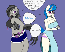 Size: 1280x1024 | Tagged: safe, artist:mrironmustang, character:dj pon-3, character:octavia melody, character:vinyl scratch, species:anthro, alternate hairstyle, ass, breasts, busty vinyl scratch, butt, cleavage, clothing, dialogue, dress, female, glasses, necktie, personality swap, rocktavia, shorts, simple background, swapped cutie marks, treblebutt, vinyl class