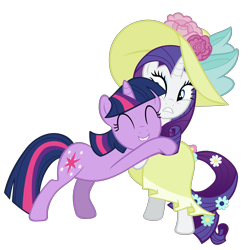 Size: 7600x7600 | Tagged: safe, artist:pangbot, character:rarity, character:twilight sparkle, episode:sweet and elite, g4, my little pony: friendship is magic, .svg available, absurd resolution, clothing, cute, dress, duo, eyes closed, hat, hug, simple background, svg, transparent background, vector