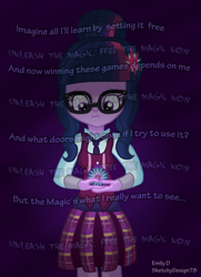 Size: 2500x3462 | Tagged: safe, artist:sketchydesign78, character:twilight sparkle, character:twilight sparkle (scitwi), species:eqg human, equestria girls:friendship games, g4, my little pony: equestria girls, my little pony:equestria girls, dark, female, lyrics, magic capture device, solo, text, unleash the magic