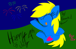 Size: 3072x2010 | Tagged: safe, artist:hearttheartist, derpibooru original, oc, oc only, oc:heart cake, species:pegasus, species:pony, 4th of july, celebration, eyes closed, fireworks, grass, holiday, needs more saturation, sitting, sky, solo, tongue out