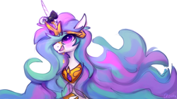 Size: 1600x900 | Tagged: safe, artist:oksara, character:princess celestia, species:alicorn, species:pony, blep, blushing, can, colored pupils, cute, cutelestia, energy drink, eyes on the prize, female, floppy ears, heart eyes, horn impalement, licking, licking lips, long mane, looking up, mare, raised hoof, sillestia, silly, simple background, sitting, smiling, solo, tongue out, wat, white background, wingding eyes