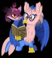 Size: 1856x2094 | Tagged: safe, artist:venaf, oc, oc:vivian iolani, species:classical hippogriff, species:hippogriff, newbie artist training grounds, atg 2018, black background, book, cat, cheshire cat, glasses, reading, red eyes, simple background, sitting