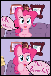 Size: 4096x6144 | Tagged: safe, artist:venaf, character:pinkie pie, species:earth pony, species:pony, newbie artist training grounds, absurd resolution, atg 2018, beautiful, clothing, comic, female, fez, fourth wall, gravity falls, hat, looking at you, mare, reaction image, text