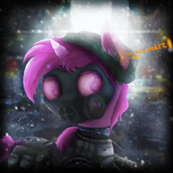 Size: 4000x4000 | Tagged: safe, artist:thefunnysmile, oc, oc only, oc:solid heart, species:pony, species:unicorn, backpack, blurry, bullet hole, bulletproof vest, camouflage, city, clothing, gas mask, lens flare, mask, military, snow, solo, weapon, winter