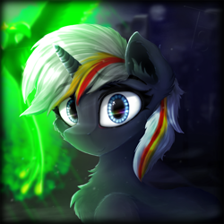 Size: 2000x2000 | Tagged: safe, artist:thefunnysmile, oc, oc:pyrelight, oc:velvet remedy, species:balefire phoenix, species:phoenix, species:pony, species:unicorn, fallout equestria, bust, chest fluff, city, ear fluff, fanfic, fanfic art, female, fluffy, horn, looking at you, mare, moon, muzzle fluff, night, portrait, smiling, solo