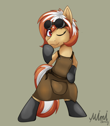 Size: 2800x3200 | Tagged: safe, artist:milkychocoberry, oc, oc only, oc:milky chocoberry, species:pony, blacksmith, blank flank, clothing, female, gloves, goggles, mare, simple background, solo