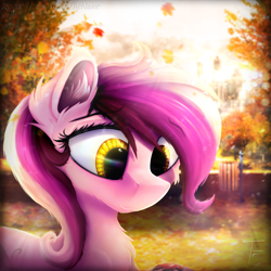 Size: 2000x2000 | Tagged: safe, artist:thefunnysmile, oc, oc only, oc:tux, species:pony, autumn, blurred background, bust, chest fluff, ear fluff, female, leaf, leaves, lens flare, looking down, mare, muzzle fluff, portrait, smiling, solo