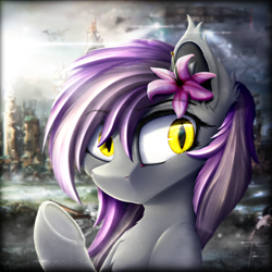 Size: 2000x2000 | Tagged: safe, artist:thefunnysmile, oc, oc only, oc:umbra tempestas, species:bat pony, blurry, boston, bust, commission, fallout, fallout 4, flower, lens flare, looking away, ocean, portrait, prydwen, solo