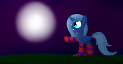 Size: 1024x539 | Tagged: safe, artist:visionwing, character:princess luna, species:alicorn, species:pony, clothing, female, filly, grass, ground, happy, mare, moon, night, socks, striped socks, woona, younger
