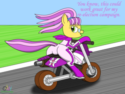 Size: 1190x896 | Tagged: safe, artist:oddymcstrange, character:mayor flitter flutter, species:earth pony, species:pony, g3, g3.5, clothing, dialogue, driving, female, g3 to g4, g3.5 to g4, generation leap, glasses, jumpsuit, lidded eyes, looking back, mare, mario kart, mario kart wii, motorcycle, open mouth, outfit, plot, smiling