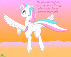 Size: 1095x872 | Tagged: safe, artist:oddymcstrange, character:star catcher, species:pony, g3, cloud, dialogue, female, flying, g3 to g4, generation leap, mare, plot, smiling, solo, spread wings, stars, sunset, underhoof, wings