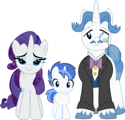 Size: 1024x985 | Tagged: safe, artist:davidpinskton117, character:fancypants, character:rarity, parent:fancypants, parent:rarity, parents:raripants, species:pony, species:unicorn, ship:raripants, clothing, colt, facial hair, family, female, male, mare, monocle, moustache, offspring, shipping, simple background, stallion, straight, suit, transparent background