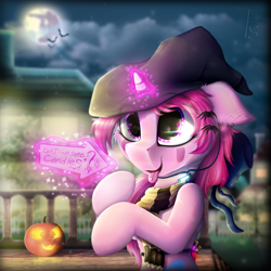 Size: 2000x2000 | Tagged: safe, artist:thefunnysmile, oc, oc:solid heart, species:bat, species:pony, accessories, belt, blurry, clothing, cute, eyebrow piercing, halloween, hat, headphones, holiday, houses, jack-o-lantern, magic, moon, mp3 player, music notes, night, piercing, potion, pumpkin, scarf, sign, solo, tongue out, tongue piercing, witch hat