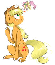 Size: 1280x1522 | Tagged: safe, artist:heeeeresizzy, character:applejack, character:fluttershy, species:pony, ship:appleshy, blushing, cutie mark, female, heart, lesbian, mare, micro, shipping, simple background, sitting, transparent background