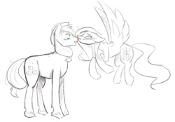 Size: 1024x711 | Tagged: safe, artist:heeeeresizzy, character:applejack, character:fluttershy, species:earth pony, species:pegasus, species:pony, ship:appleshy, blushing, cutie mark, female, flying, grayscale, heart, kissing, lesbian, mare, monochrome, scrunchy face, shipping, simple background, sketch, white background
