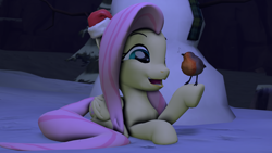 Size: 1920x1080 | Tagged: safe, artist:barpy, character:fluttershy, species:bird, species:pegasus, species:pony, 3d, animal, christmas, clothing, cute, female, happy, hat, holiday, night, santa hat, shyabetes, singing, smiling, snow, snowman, solo, source filmmaker