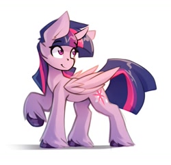 Size: 1463x1410 | Tagged: safe, artist:n_thing, character:twilight sparkle, character:twilight sparkle (alicorn), species:alicorn, species:pony, female, looking back, mare, raised hoof, simple background, smiling, solo, unshorn fetlocks, white background